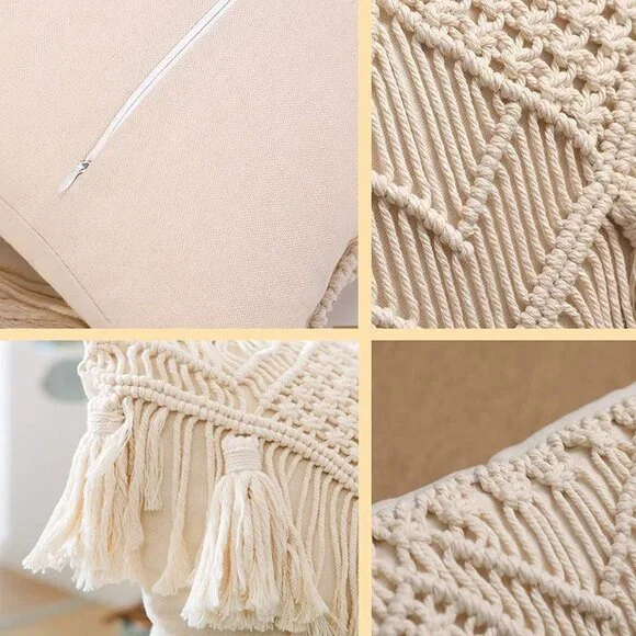 Tassel Macrame Throw Pillow Boho Indie Case Cushion Cover for Bed/Sofa/Patio - Picture 5 of 7